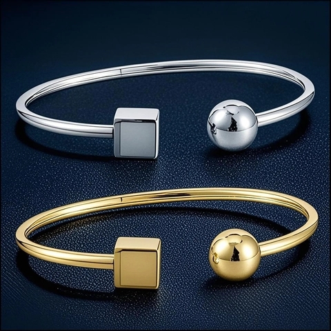 Bracciale Rigido Geometrico Minimalista Placcato Oro 18K Acciaio Inossidabile Cubo E Sfera Gioielli Per Donna