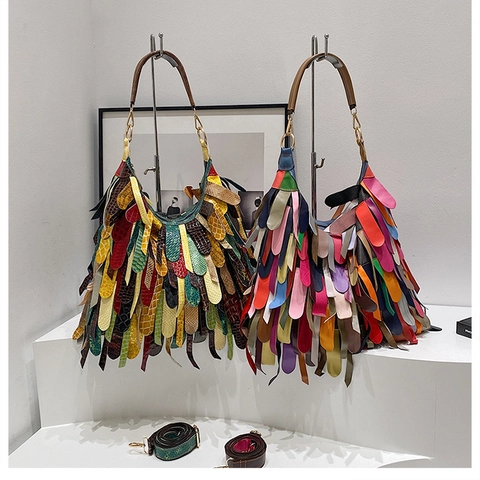 Borsa a Tracolla Patchwork in Vera Pelle Boema da Donna Grande Capacità Borsa Hobo con Nappe e Tracolla Regolabile