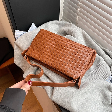 Sac À Épaule En Cuir PU Tissé Pour Femmes Sacoche Minimaliste Carrée Fermeture Éclair Bandoulière Réglable Quotidien