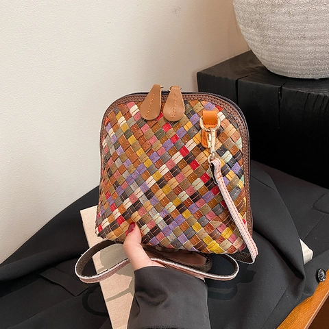 Colorful Woven Leather Shoulder Bag Vintage Multi-color Patchwork Shell Crossbody Purse For Women