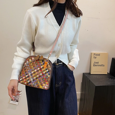 Colorful Woven Leather Shoulder Bag Vintage Multi-color Patchwork Shell Crossbody Purse For Women