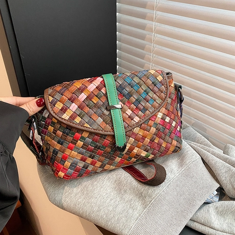 Borsa A Tracolla In Pelle PU Intrecciata Colorata Retro Bohemian Patchwork Multicolore Borsa A Spalla Con Patta Donna Design Urbano