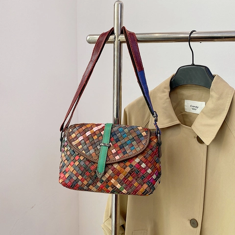 Borsa A Tracolla In Pelle PU Intrecciata Colorata Retro Bohemian Patchwork Multicolore Borsa A Spalla Con Patta Donna Design Urbano