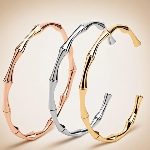 Elegante Bracciale Rigido In Acciaio Inossidabile Con Design A Bambù Per Donna Oro Oro Rosa Argento Aperto Minimalista Gioielli