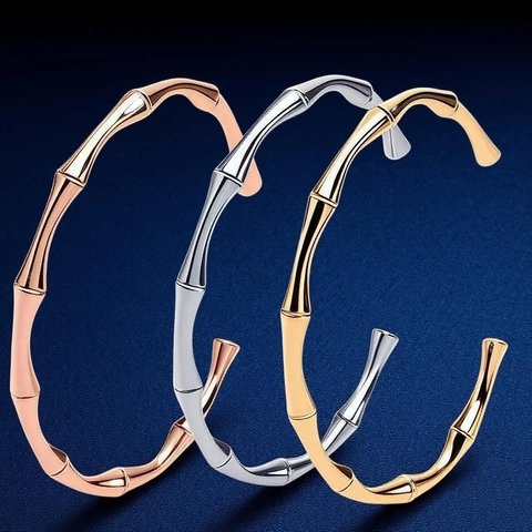Brazalete De Forma De Bambú Acero Inoxidable Chapado En Oro Esmalte Forma De C Puño Abierto Joyería De Moda Para Mujeres