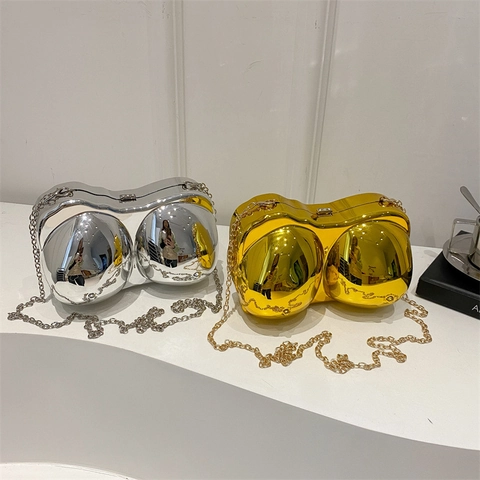 Anatomical Breast Shaped Evening Bag Acrylic Mirror Metallic Party Clutch For Women With Chain Crossbody Strap