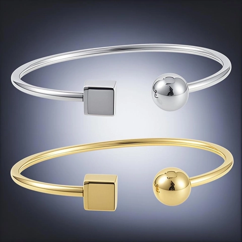Brazalete Minimalista De Acero Inoxidable Geométrico Cubo Cuadrado Y Bola Redonda Pulsera Abierta Joyería Moderna Mujer