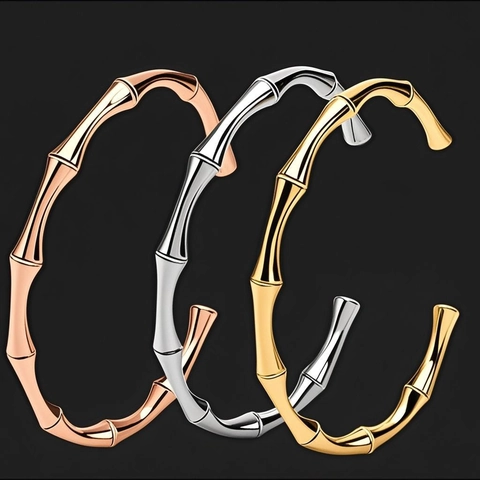 Bamboo Joint Stainless Steel Cuff Bracelet Gold Rose Gold Silver Minimalist Fashion Bangle For Women Jewelry Gift