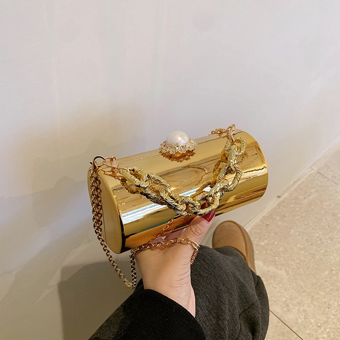Borsa Da Sera Cilindrica In Acrilico Fibbia Perla Artificial Strass Doppia Catena Metallica Spalla Tracolla Festa Guscio Rigido