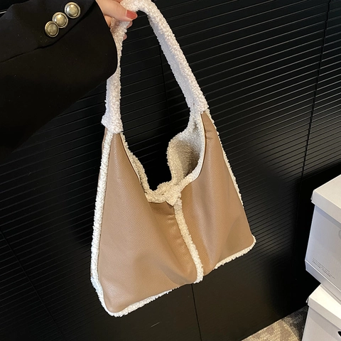 Borsa Hobo Grande Capacità Pelle PU E Patchwork In Finta Lana Di Agnello Borsa A Spalla Vintage Da Donna Autunno Inverno