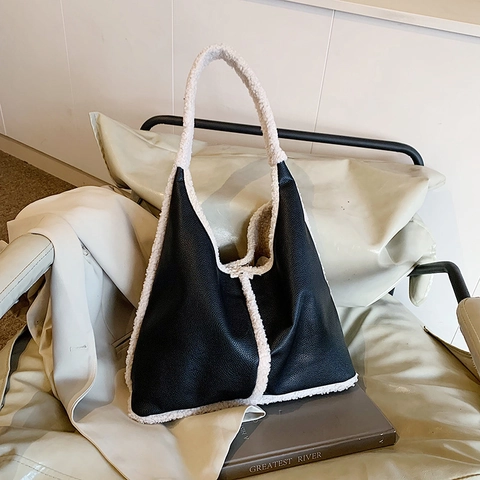 Borsa Hobo Grande Capacità Pelle PU E Patchwork In Finta Lana Di Agnello Borsa A Spalla Vintage Da Donna Autunno Inverno