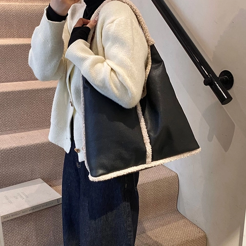 Women Retro Large PU Leather Tote Bag With Faux Lamb Wool Trim Winter Contrast Color Large Capacity Single Shoulder Hobo Bag