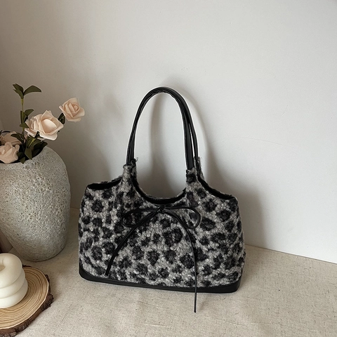 Plüsch Und PU Leder Leopard Muster Tote Tasche Mit Schleife Dekor Große Kapazität Schulter Handtasche Für Damen Winter