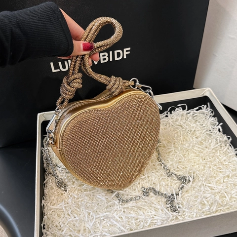 Borsa Da Sera A Forma Di Cuore Strass Brillante Borsa A Tracolla Con Manico A Nodo E Catena In Metallo Per Festa Donna