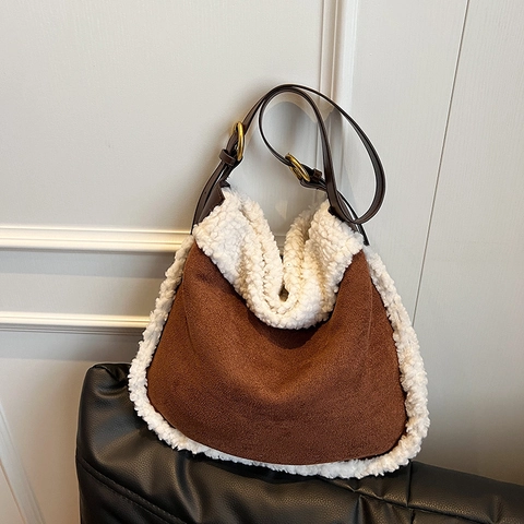 Women Retro Suede Hobo Bag Large Capacity Faux Lamb Wool Trim Adjustable Leather Strap Commuting Shoulder Handbag Winter