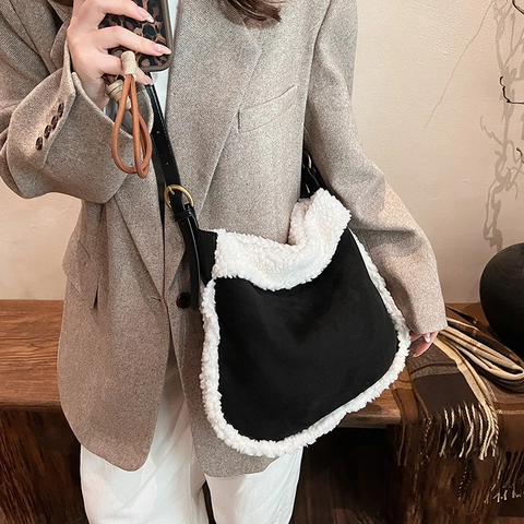 Women Retro Suede Hobo Bag Large Capacity Faux Lamb Wool Trim Adjustable Leather Strap Commuting Shoulder Handbag Winter