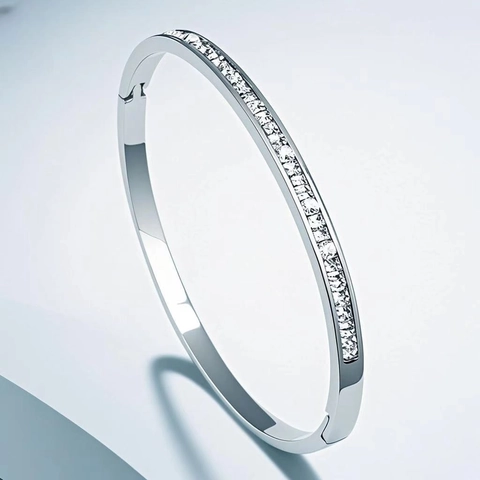 Minimalist Stainless Steel Hinged Bangle Bracelet For Women Single Row Square Rhinestone Waterproof Jewelry Gift Gold Silver