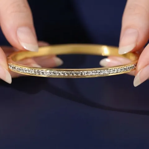 Bracciale Rigido A Cerniera In Acciaio Inossidabile Con Strass Donna Impermeabile Zirconia Quadrata Lusso Minimalista