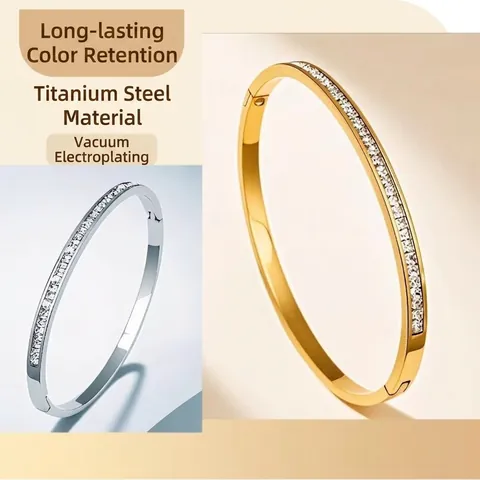 Luxury Stainless Steel Bangle For Women Minimalist Zircon Inlaid Row Square Rhinestone Waterproof Jewelry Elegant