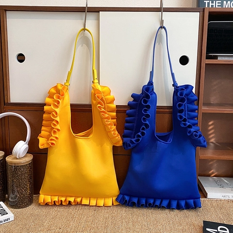 Women Ruffle Shoulder Bag Polyester Large Capacity Pleated Underarm Tote For Daily Casual Commute Fashion
