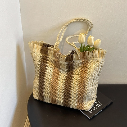 Borsa Tote In Paglia Intrecciata Grande Capacità Righe Con Nappe Frange Borsa A Spalla Estate Spiaggia Vacanze Donne Casual