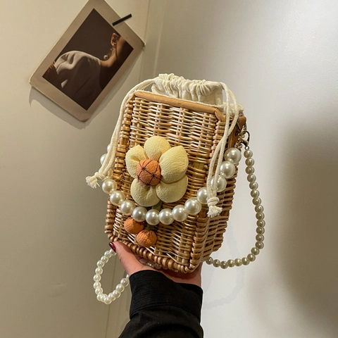 Χειροποίητη Πλεκτή Τσάντα Rattan Με Λουράκι Από Πέρλες Και Διακόσμηση Λουλουδιών Ποιμενικό Στυλ Μίνι Για Γυναίκες