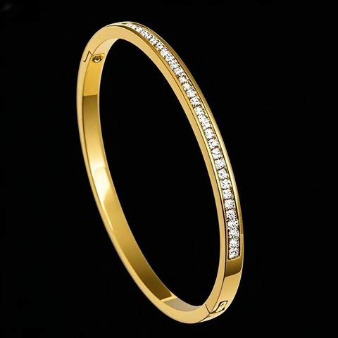 Luxury Stainless Steel Bangle For Women Minimalist Zircon Inlaid Row Square Rhinestone Waterproof Jewelry Elegant
