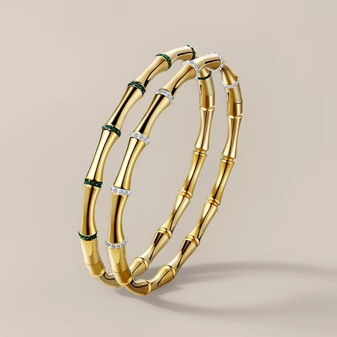 Bracelet Jonc Noeud De Bambou Plaqué Or Acier Inoxydable Minimaliste Élégant Pour Femme Avec Accents De Zircone Colorés