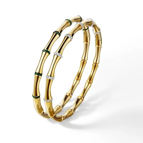 Minimalist Stainless Steel Bamboo Joint Bangle For Women Gold Plated Rhinestone Inlaid Clasp Hinged Cuff Jewelry Gift
