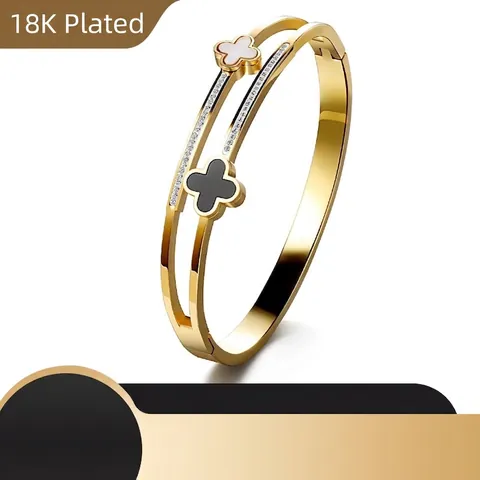 Stainless Steel Double Layer Open Bangle Bracelet White Black Four Leaf Clover Zircon Inlaid Elegant Fashion For Women