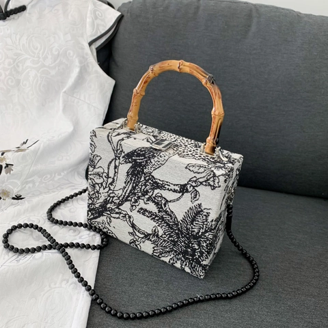 Vintage Chinese Style Handbag For Women Cotton Fabric Toile De Jouy Print With Bamboo Handle And Beaded Chain Strap