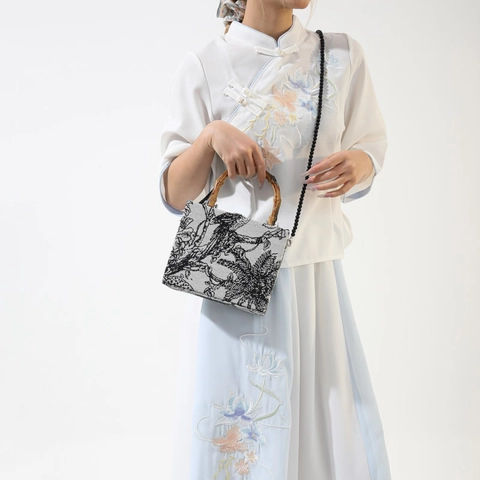 Vintage Chinese Style Handbag For Women Cotton Fabric Toile De Jouy Print With Bamboo Handle And Beaded Chain Strap