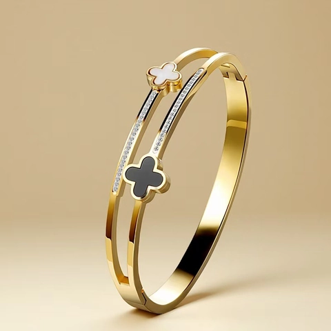 Stainless Steel Double Layer Open Bangle Bracelet White Black Four Leaf Clover Zircon Inlaid Elegant Fashion For Women