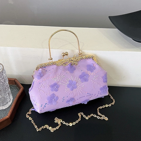 Dames 3D Bloem Avondtas Kant Pailletten Mesh Clutch Met Metalen Handvat En Ketting Schoudertas Voor Bruiloft Feest