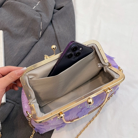 Dames 3D Bloem Avondtas Kant Pailletten Mesh Clutch Met Metalen Handvat En Ketting Schoudertas Voor Bruiloft Feest