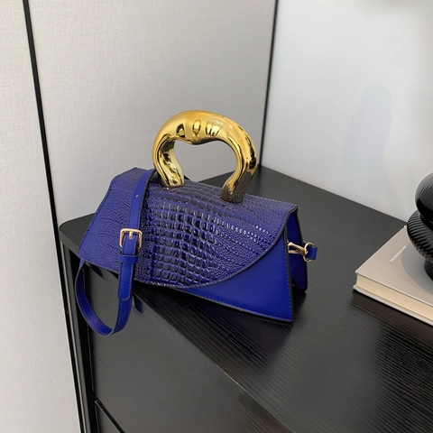 Bolso De Mano Geométrico Grabado Cocodrilo Cuero PU Con Mango Metal Dorado Irregular Pequeño Bolso De Hombro