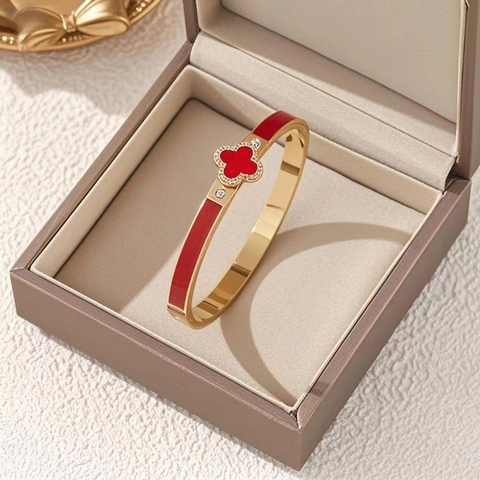 Bracciale Donna in Acciaio Inossidabile con Quadrifoglio e Farfalla Placcato Oro Smalto Meandro Bangle con Cerniera Strass Gioielli di Moda
