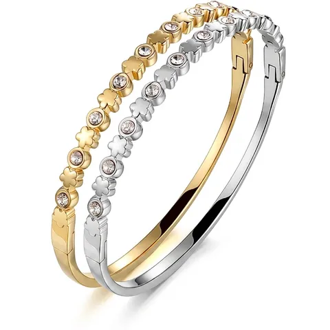 Elegant Stainless Steel Bangle For Women With Heart Zircon Four Leaf Clover Star Roman Numerals Fashion Jewelry