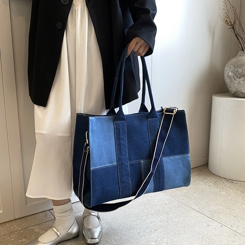 Bolso Tote De Mezclilla Patchwork Gran Capacidad Color De Contraste Bolso De Mano De Lona Para Mujer Viaje Bolso De Hombro