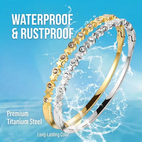 Bracciale Rigido In Acciaio Inossidabile Placcato Oro 18K Con Zirconi Stella Cuore Numeri Romani Gioielli Eleganti Donna