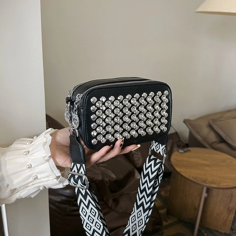 Shiny Rhinestone Camera Bag PU Leather Small Square Crossbody Bag With Wide Patterned Strap For Women