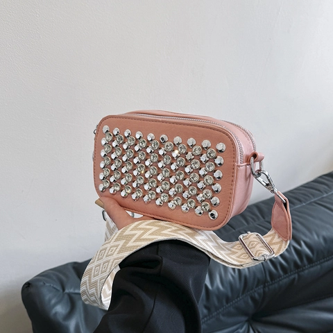 Shiny Rhinestone Camera Bag PU Leather Small Square Crossbody Bag With Wide Patterned Strap For Women