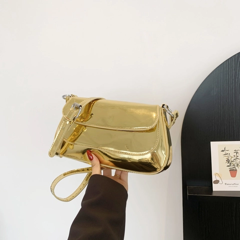 Women Baguette Underarm Bag Metallic Glossy PU Patent Leather Mirror Finish Adjustable Strap Commuting Trendy
