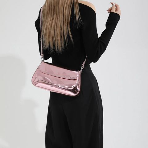 Women Baguette Underarm Bag Metallic Glossy PU Patent Leather Mirror Finish Adjustable Strap Commuting Trendy
