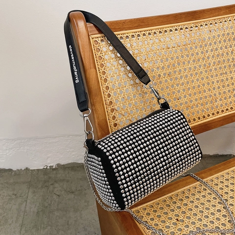 Borsa A Spalla Da Donna Con Strass Forma Cilindrica Pelle PU Scintillante Per Feste E Serate Tracolla Catena