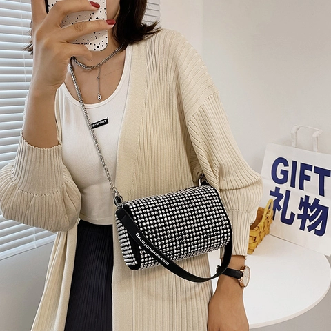 Borsa A Spalla Da Donna Con Strass Forma Cilindrica Pelle PU Scintillante Per Feste E Serate Tracolla Catena
