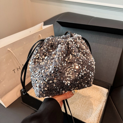 Sequin Bucket Bag Drawstring Shiny Crossbody Shoulder Handbag For Women Trendy Party Evening Social Sparkling Accessory