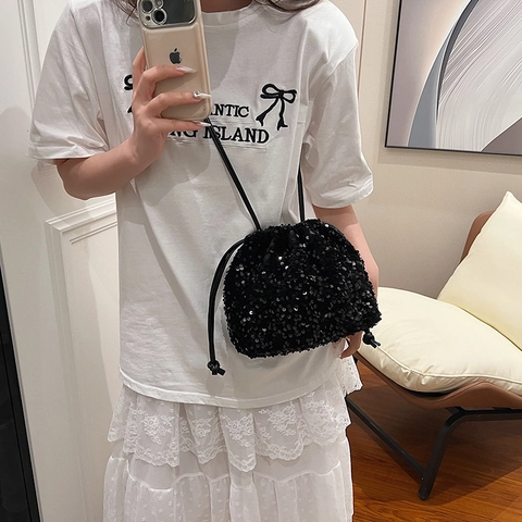 Sequin Bucket Bag Drawstring Shiny Crossbody Shoulder Handbag For Women Trendy Party Evening Social Sparkling Accessory