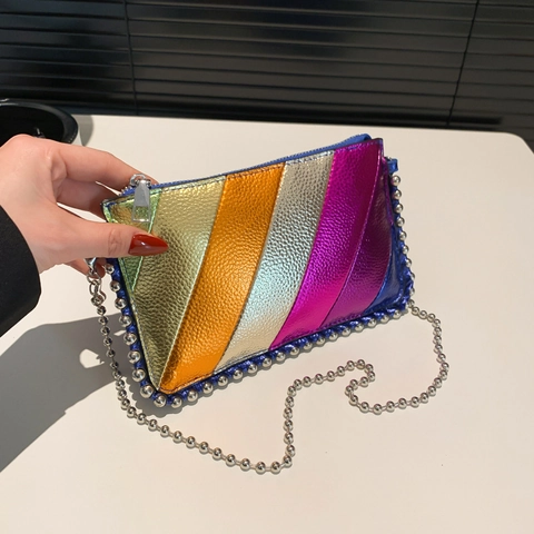 Bolso Bandolera De Cuero PU Metálico Con Rayas De Arcoíris Para Mujer Bolso De Hombro Cuadrado Pequeño De Moda Con Bloques De Color Cadena De Bolas