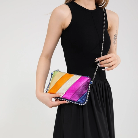 Bolso Bandolera De Cuero PU Metálico Con Rayas De Arcoíris Para Mujer Bolso De Hombro Cuadrado Pequeño De Moda Con Bloques De Color Cadena De Bolas
